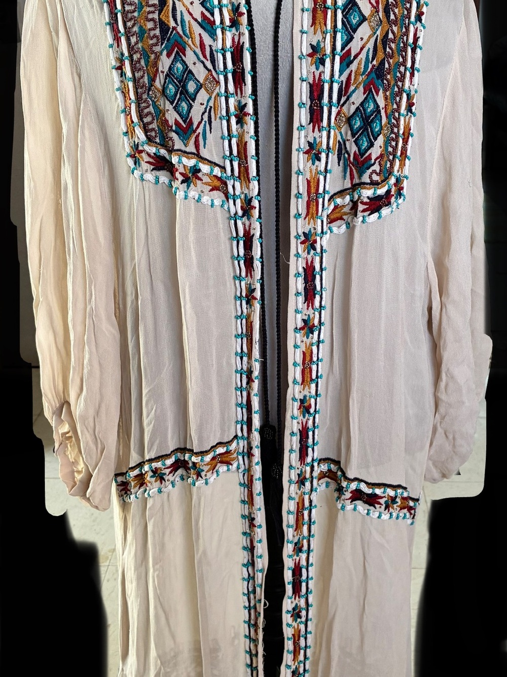 Zara Cream Embroidered Open Front Duster Coat